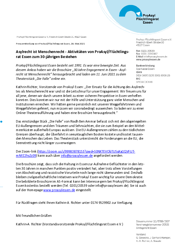 Pressemitteilung 30 Jahre ProAsyl Essen vom 28.05.2021 (PDF-Dokument)